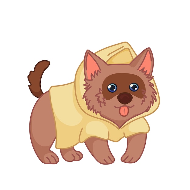 Little dog in yellow raincoat with tongue out in cartoon style