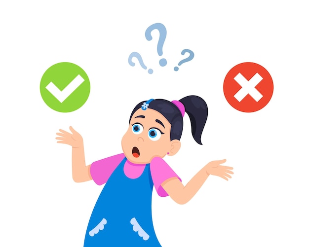 Little doubt girl between right and wrong check marks flat style design vector illustration isolated