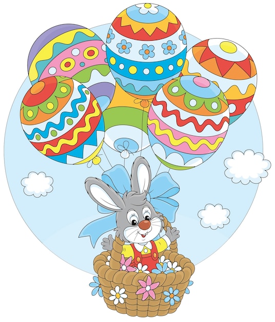 Little Easter Bunny flying in a decorated wicker basket with colorfully painted balloons