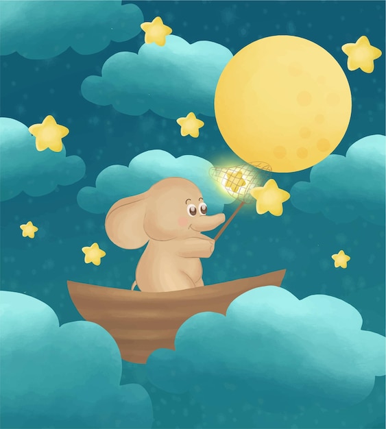 Little elephant catch stars in a boat