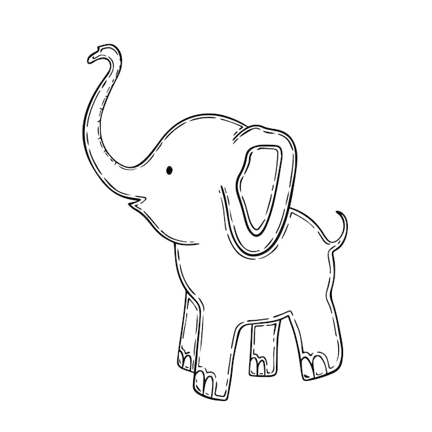 Little elephant in full growth in profile doodle linear cartoon