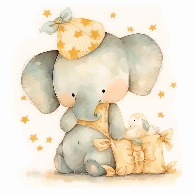 Little elephant goes to bed with his pillow
