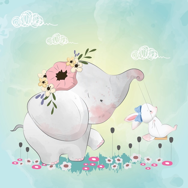 Vector little elephant with his friends bunny on the swing