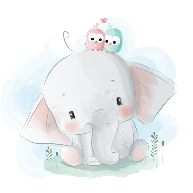 Vector little elephant with little birdies on his hear