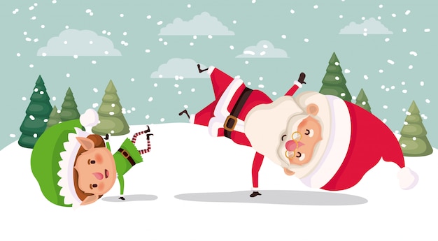 Piccoli caratteri elfo e babbo natale in illustrazione vettoriale snowscape