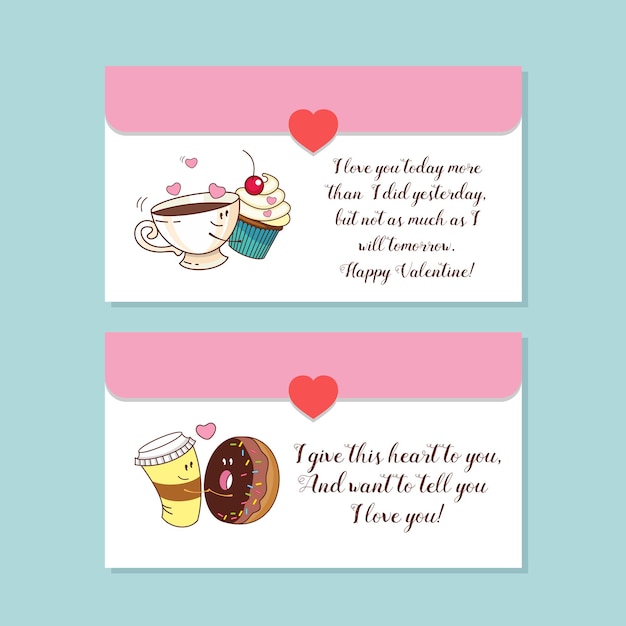 小さな封筒、はがき。愛についてのベクトルグリーティングカード。バレンタインデーと。愛についてのかわいい漫画のコンセプト。コーヒー、ドーナツ、お茶、ケーキ。