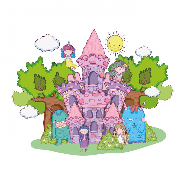 Vector little fairies group with monsters in the castle