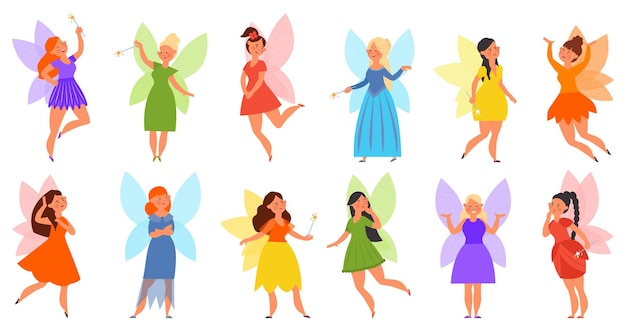 小さな妖精のコレクション 子供の妖精ドレス面白い魔法少女翼を持つ漫画の物語の文字かわいいファンタジーまともなベクトル女性セット