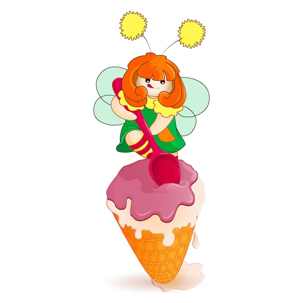 Little fairy digging spoon great big ice cream in a waffle cup. 