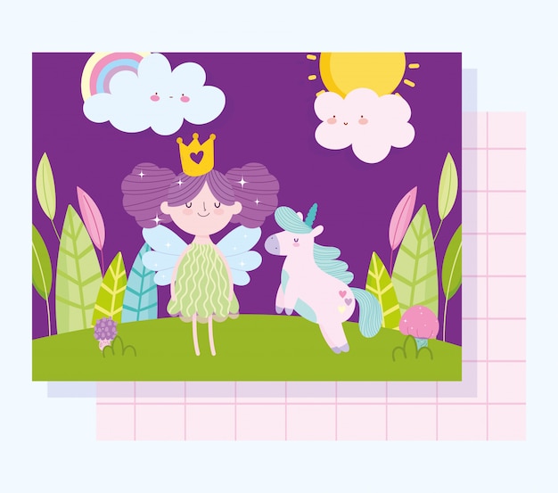 Little fairy princess with unicorn tale cartoon clouds forest