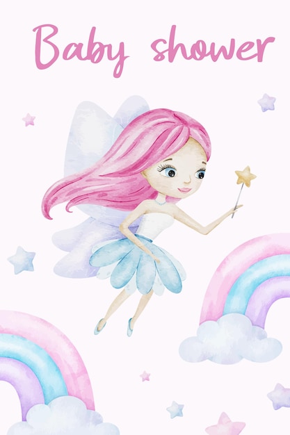 Vector little fairy with magic wand rainbow and stars cute baby shower watercolor invitation card layout of childrens birthday postcard new born celebration template of newborns party invitation