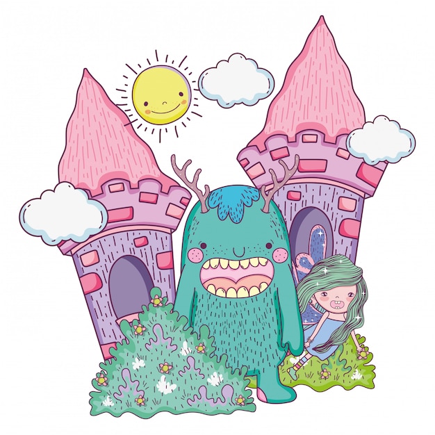 Little fairy with monster in the castle