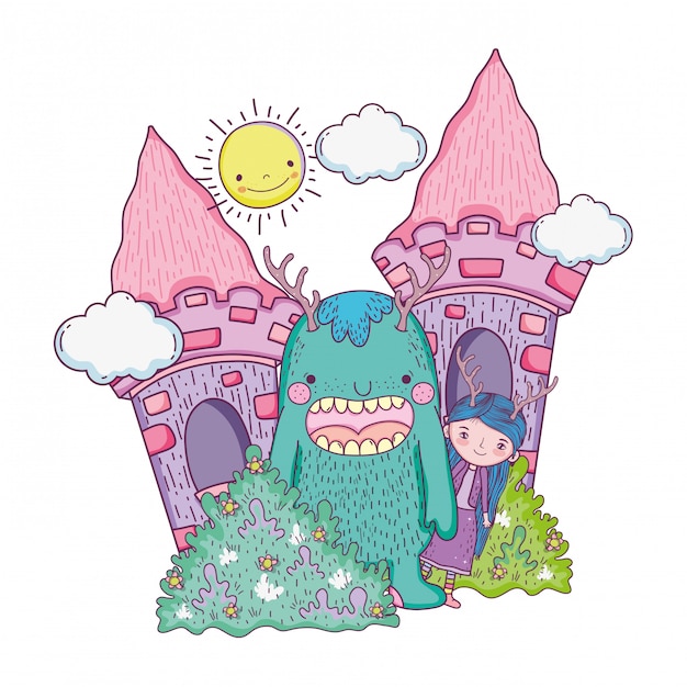 Little fairy with monster in the castle