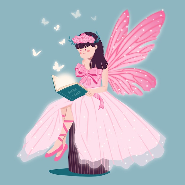 반짝이는 나비 날개를 가진 작은 요정이 책을 읽고 있어요