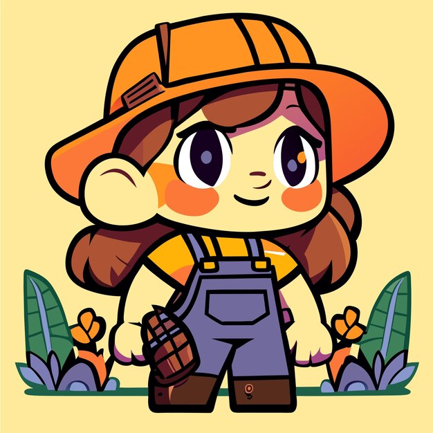 Little farmer girl kid cowgirl wearing rustic clothes hand drawn flat stylish cartoon sticker