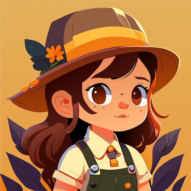 Vector little farmer girl kid cowgirl wearing rustic clothes hand drawn flat stylish cartoon sticker