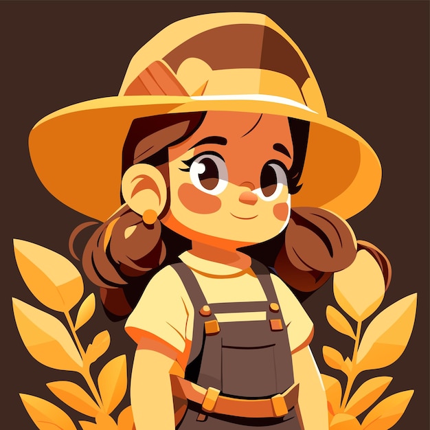 Vector little farmer girl kid cowgirl wearing rustic clothes hand drawn flat stylish cartoon sticker