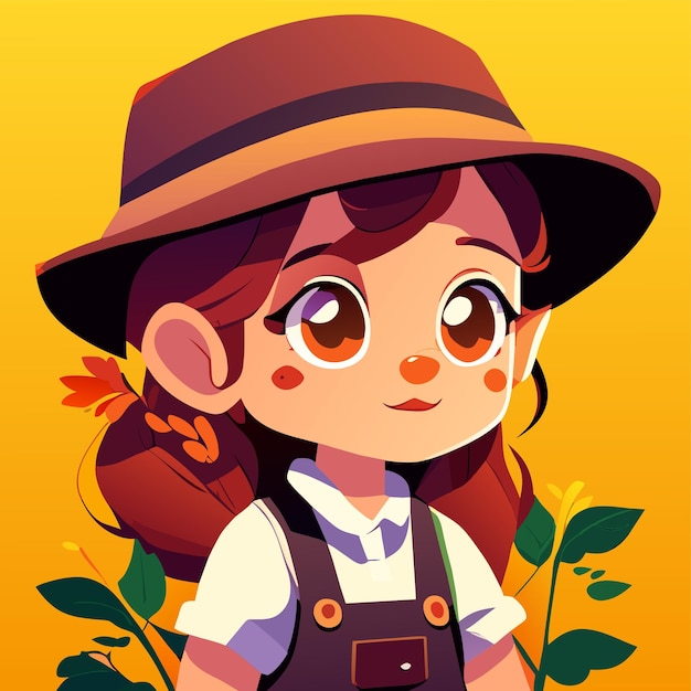 Вектор Маленькая фермерская девочка ребенок ковбойка в деревенской одежде рукой нарисованная плоская стильная стикерная мультфильм