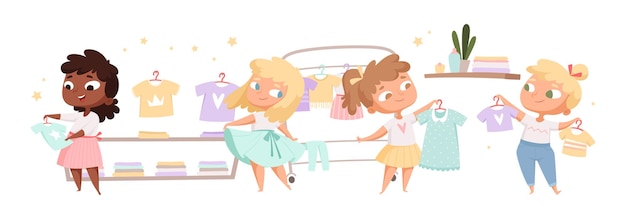Little fashionistas. cute girls choose clothes, try on dresses and t-shirts. cartoon flat illustration