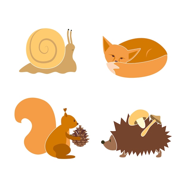 Little forest animals, snail, sleeping fox, squirrel with cone and hedgehog with mushrooms