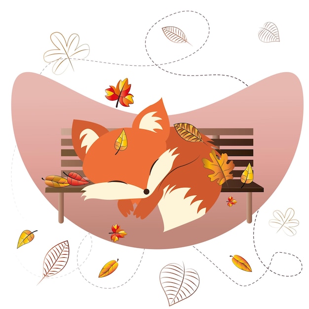 Маленькая лиса спит на скамейке Осенний сезон Вектор