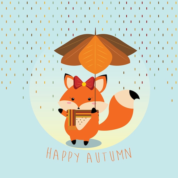 Vector little fox holding a leaf umbrella