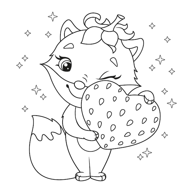 Little fox hugs strawberry heart coloring page