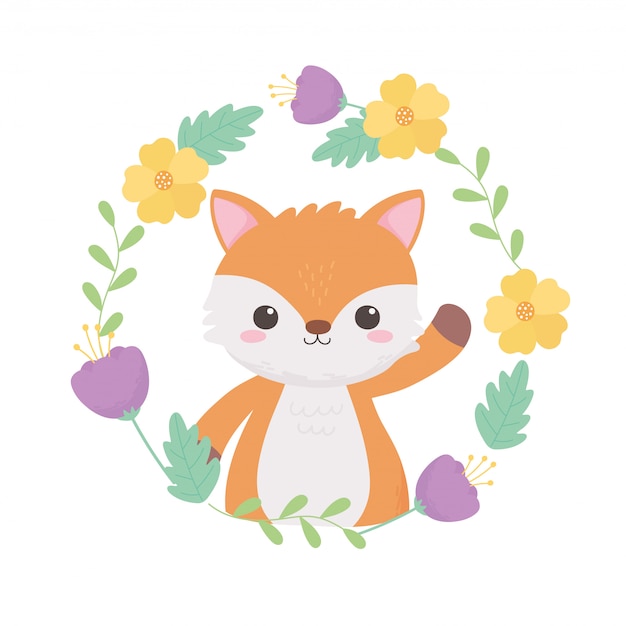 Little fox wreath flowers leaves cartoon animal vector illustration