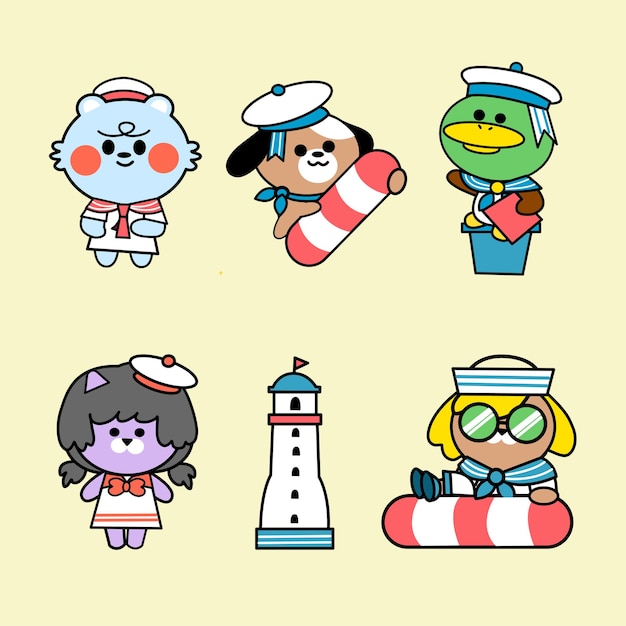 little friends summer costume doodle illustration set  