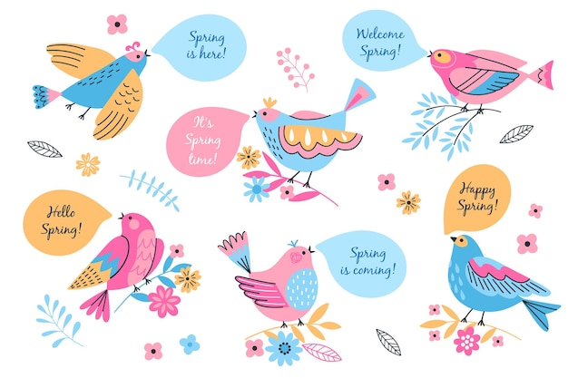 Little funny birds and floral spring elements Decorative flowers and cute sparrows with speech bubbles spring pozitive texts vector set