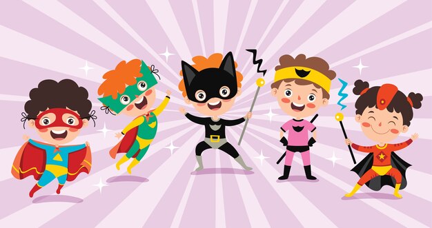 Vector little funny cartoon superheroes posing