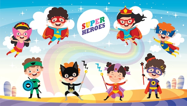 Vector little funny cartoon superheroes posing