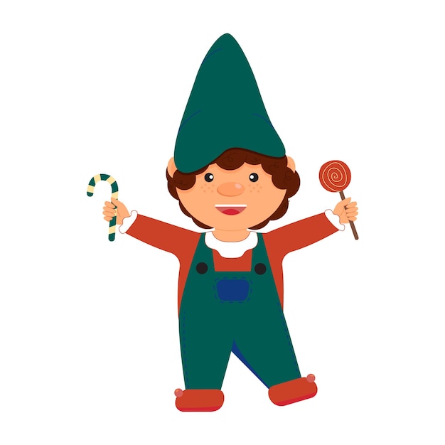 Little garden gnome in Christmas costume with lollipops