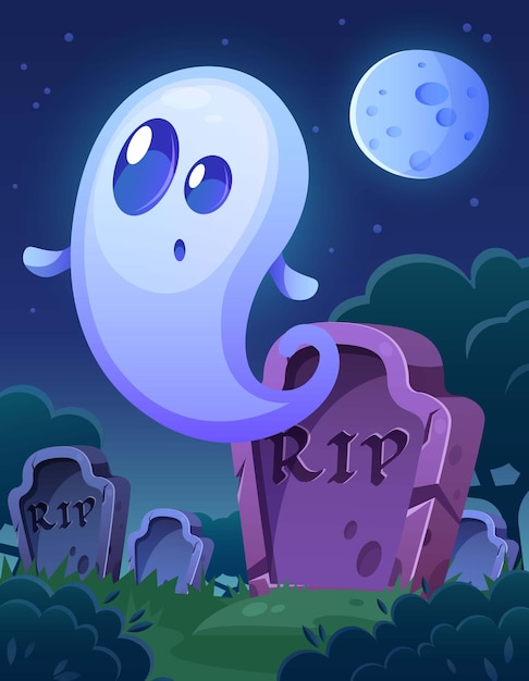 Vettore piccolo fantasma nel vecchio cimitero di notte. un vecchio cimitero con lapidi, alberi, luna e fantasma.cimitero medievale con un fantasma. sfondo di halloween.