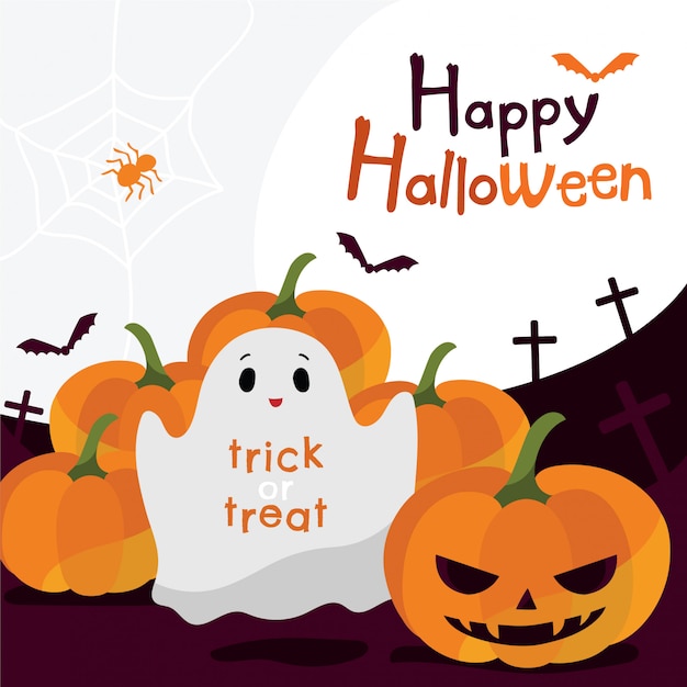 Vector little ghost and pumpkins for halloween