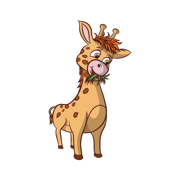Little giraffe cartoon illustration design eating grass