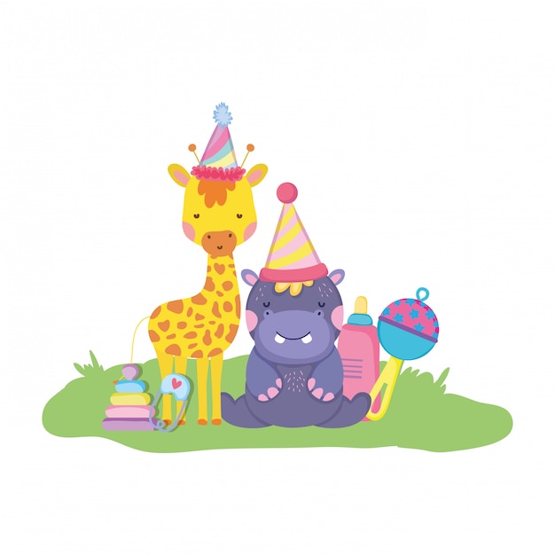 Little giraffe and hippo with party hats