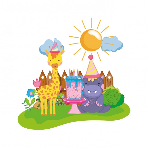 Little giraffe and hippo with party hats