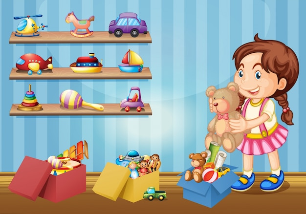 Вектор Маленькая девочка и много игрушек