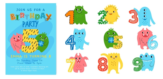 Vector little girl anniversary colorful numbers birthday party invitation card different funny monsters fairy creepy cute characters vector setjpg