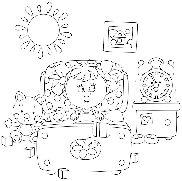 Vector little girl awaking up in her small bed after merry rings of a funny alarm clock in a nursery room