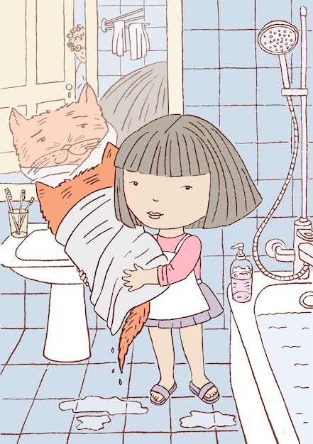 Vector little girl bathed her cat in the bathroomxa