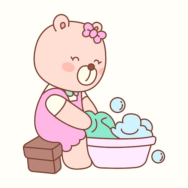 Little girl bear cleans cute colorful clothesP3