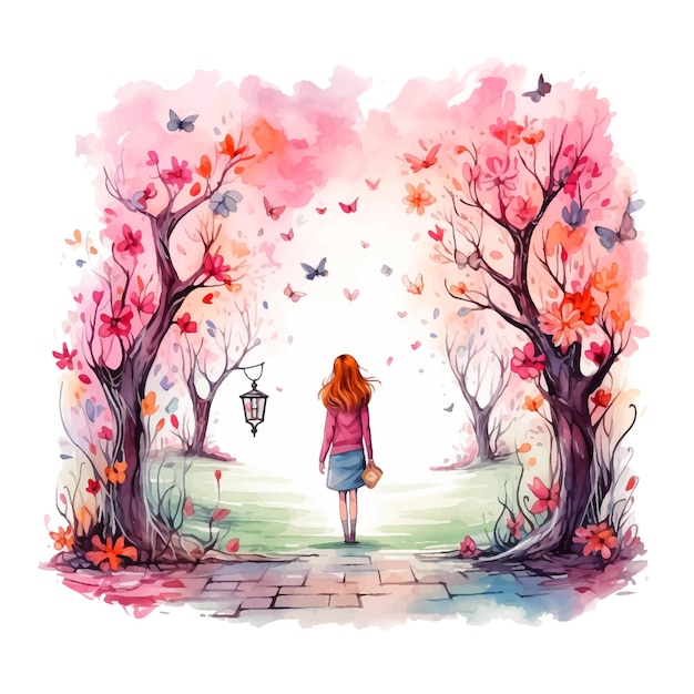 꽃, 나비, 나무가 있는 아름다운 숲 속의 어린 소녀