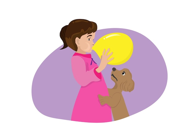Bambina che soffia palloncini c'è un piccolo cane per aiutare il vettore di illustrazione di cartoni animati in stile piatto
