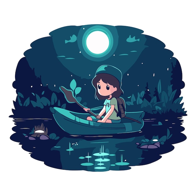 Vettore piccola ragazza in una barca sul lago di notte