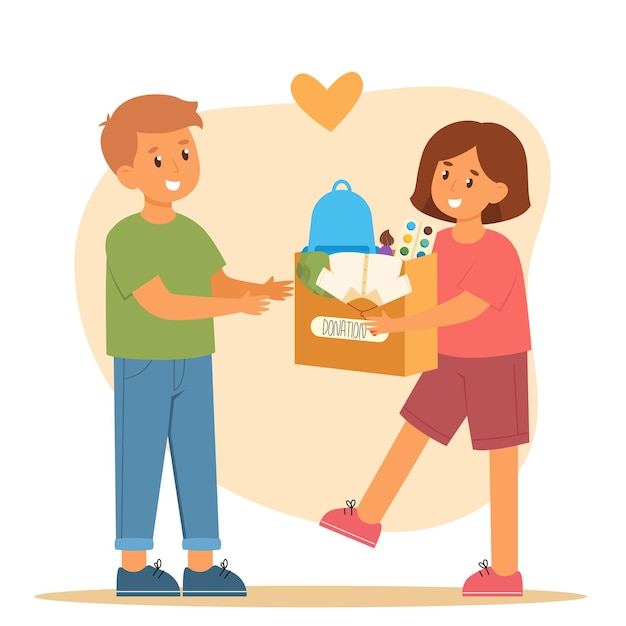 little girl and boy donate clothes to charity girl hold cardboard box with clothes volunteer