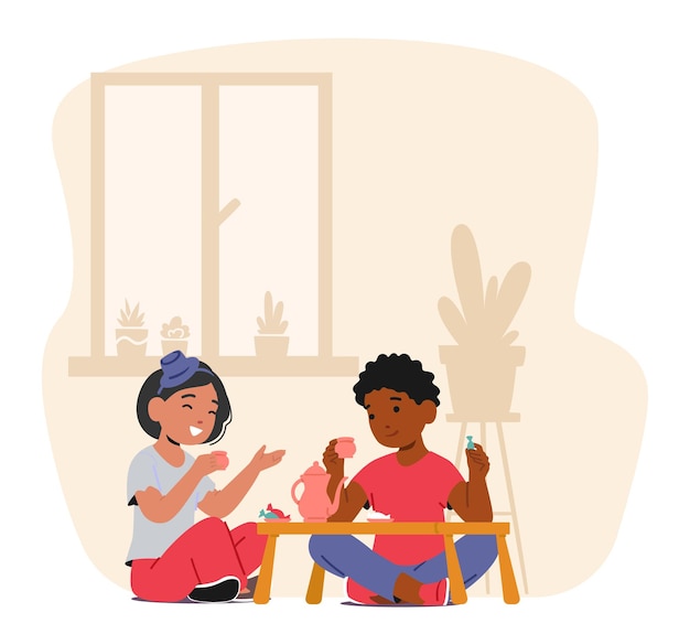 Vector little girl and boy gather for a charming tea party sipping tea sharing giggles and making cherished childhood memories amidst a world of imagination and friendship cartoon vector illustration