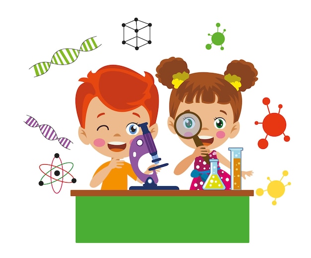 Little girl and boy with a microscope doing experiments with a microscope