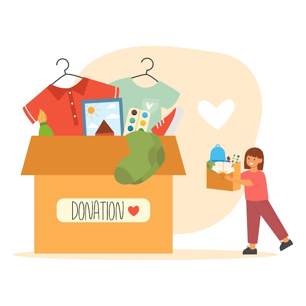 little girl brings cardboard box with goods for charity big paper box with donation clothes